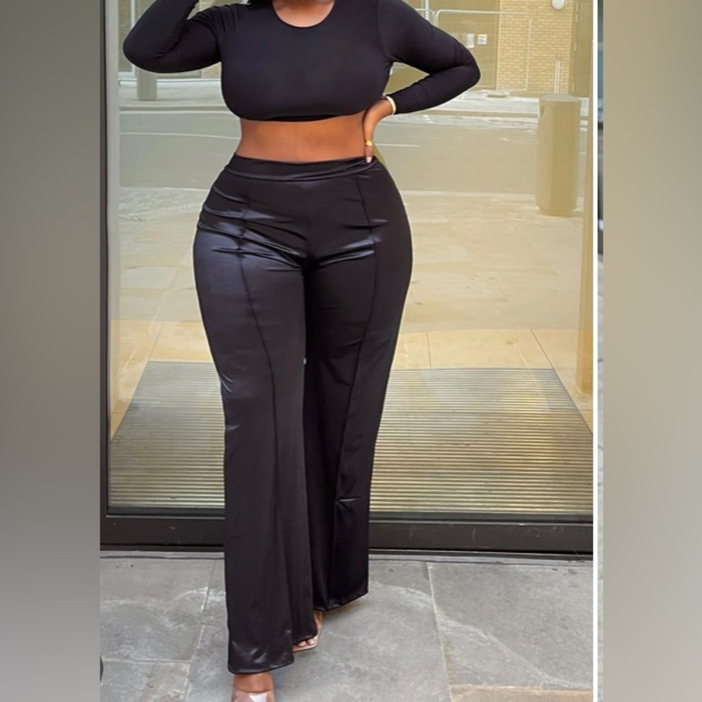 1X Satin Black Wide Leg Pant